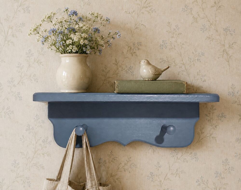 Wooden Blue Wall Shelf Peg Hooks Scalloped Cottagecore English Country